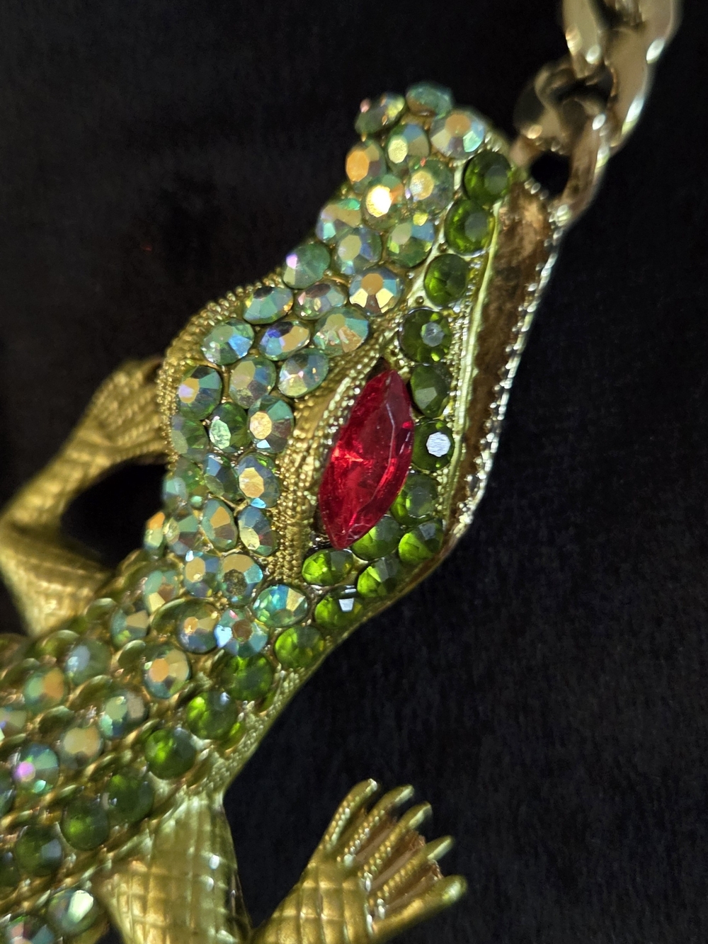Gold Lizard Statement Necklace with Green Crystals - Picture 3 of 5